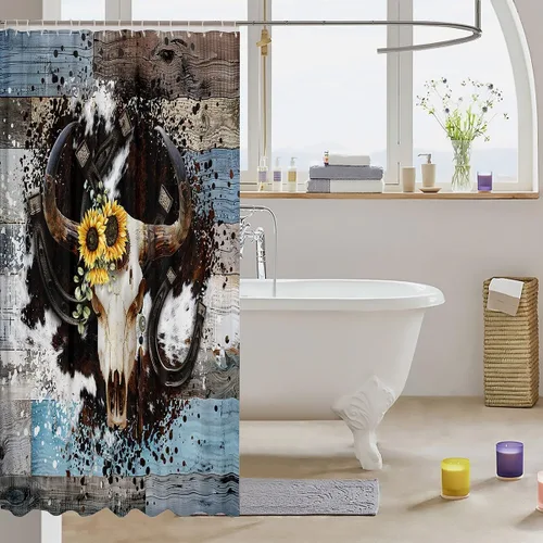 Vista 3 de Cortina de baño rústica de piel de vaca, estampado de calavera de toro y herradura, cortina de ducha de piel de animal occidental para niños