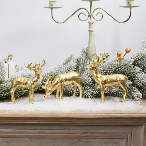 Vista 4 de Juego de 3 estatuillas de reno de resina para decoración navideña, estatuillas de reno doradas para mesa, pequeñas estatuillas decorativas de ciervo