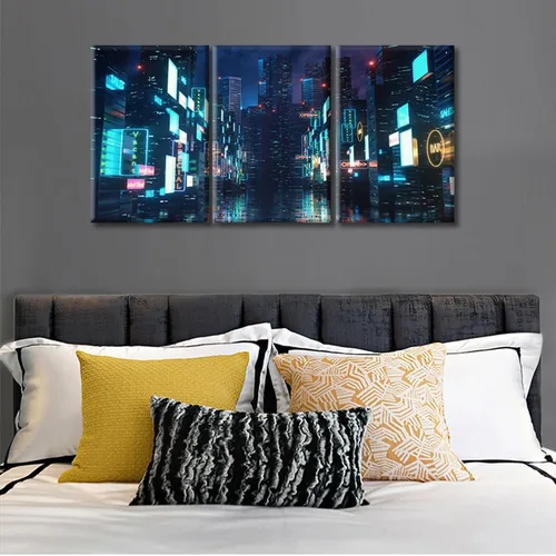 Vista 2 de Cuadros de 3 paneles de Cyberpunk City - Arte de pared de vallas publicitarias de edificios modernos en la capital con obras de arte modernas