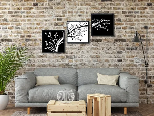 Vista 4 de Wieco Art - Hojas enmarcadas modernas de 3 paneles, arte de flores en lienzo, impresiones en negro y blanco, árboles florales abstractos, pinturas