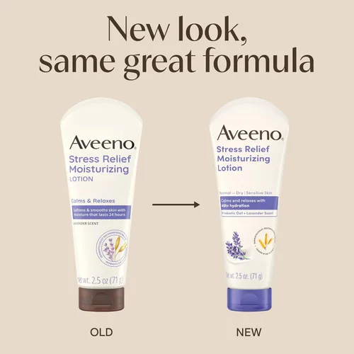 Vista 2 de Aveeno Loción corporal hidratante para aliviar el estrés con aroma prebiótico de avena y lavanda para pieles sensibles, calma y relaja