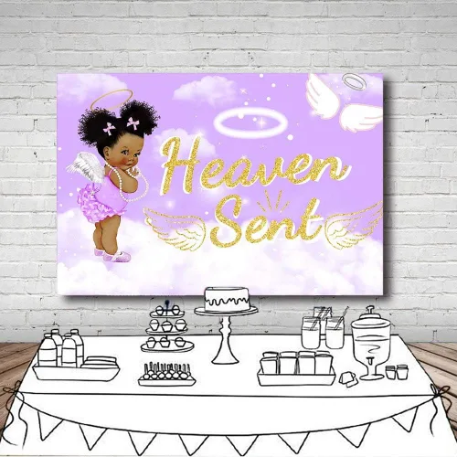 Vista 5 de MEHOFOND Telón de fondo para fiesta de baby shower, 7 x 5 pies, cielo morado, nube, blanco, alas de ángel, decoración de alas de ángel, regalo