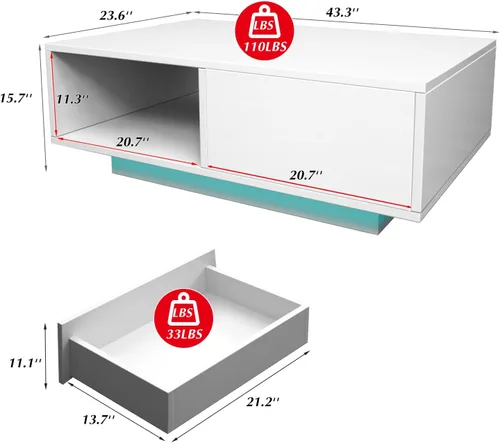 Vista 2 de Mesa de centro LED blanca para sala de estar con cajón y 16 luces de colores, mesa de centro moderna de alto brillo de 43.3 pulgadas con espacio