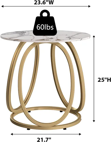 Vista 2 de O&K FURNITURE Mesa auxiliar dorada para sala de estar, mesa auxiliar redonda con piedra de mármol, mesita de noche con marco de metal