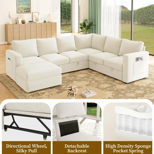 Vista 4 de Sofá modular modular en forma de U de 106.7 pulgadas con cama extraíble y almacenamiento, moderno sofá convertible de 7 asientos, cómodo seccional