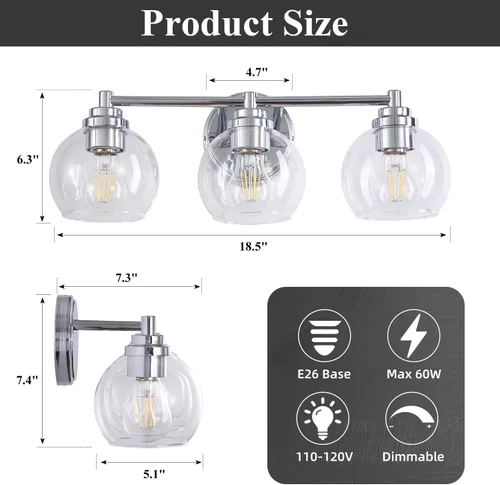 Vista 5 de Lámparas de baño de 3 luces, moderna lámpara de tocador con pantalla de cristal de globo, luces de baño cromadas plateadas sobre espejo, luces
