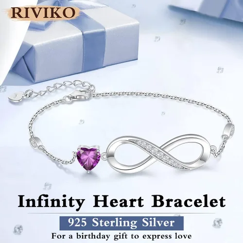 Vista 3 de RIVIKO Pulsera con dije de símbolo de corazón de amor infinito para mujer, plata de ley 925, ajustable, cumpleaños, Navidad, día de San Valentín