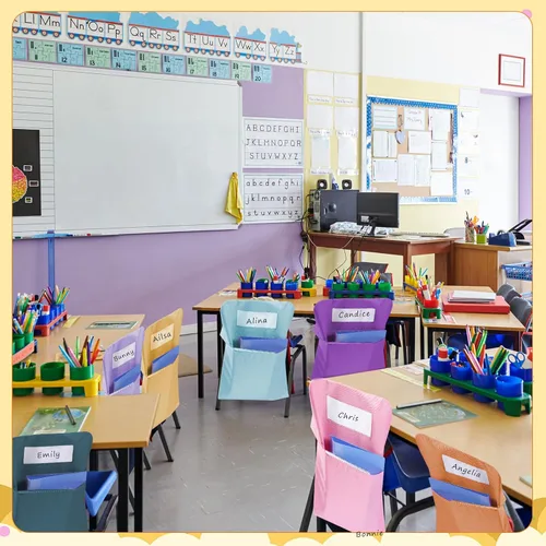 Vista 5 de 12 bolsillos para sillas de 17.3 x 20 pulgadas con ranura para etiqueta para nombre, bolsillo de almacenamiento para asiento trasero, silla de aula