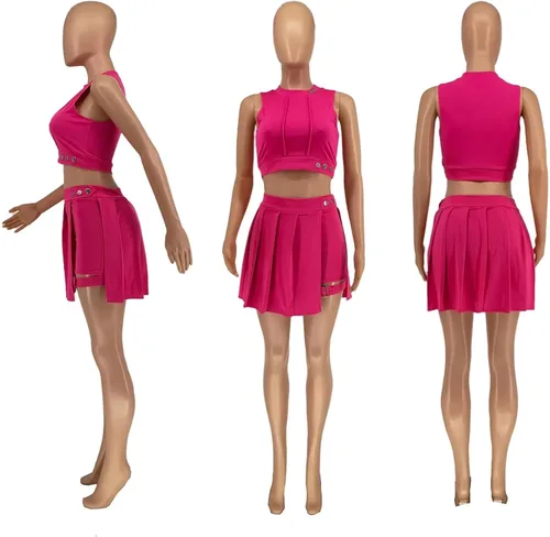Vista 5 de Sexy Tennis Skirt Set Women 2 Piece Outfits Summer Sleeveless Crop Top Pleated Mini Skirt Bodycon Shorts Tracksuit