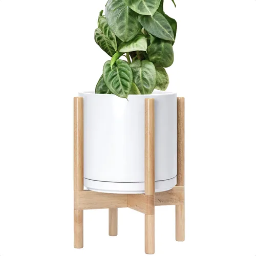 Vista 100 de D'vine Dev Maceta de cerámica con soporte de ébano – Maceta redonda moderna de 8 pulgadas con soporte para maceta de madera, color negro, 55-B-M-2