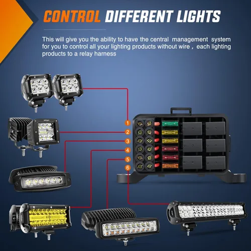 Vista 6 de Nilight Panel de Interruptores de 6 Posiciones Sistema de Relé de Control de Circuito Universal con Arnés de Cableado con Fusible LED Pod Regulable