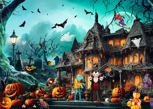 Vista 9 de Rompecabezas de Halloween para adultos de 1000 piezas, castillo de calabaza de otoño, rompecabezas de casa encantada de terror, rompecabezas