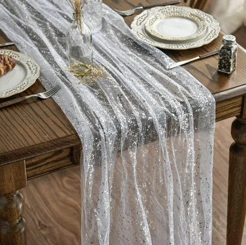 Vista 27 de Artoid Mode Camino de mesa de gasa color beige dorado de 120 pulgadas, 10 pies, lámina metálica con purpurina transparente para comedor, boda