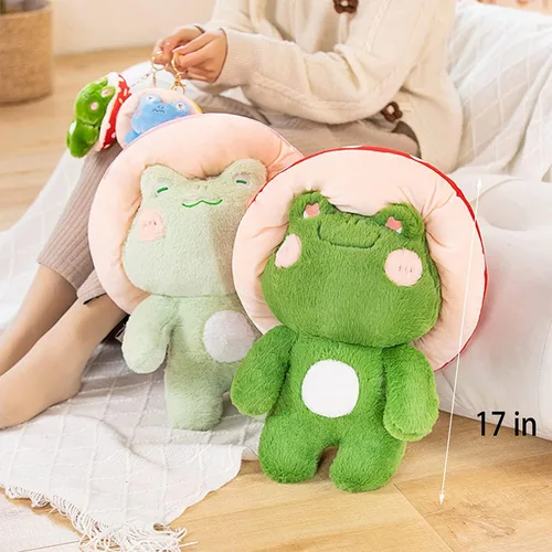 Vista 6 de Peluche de Rana Lindo Sombrero de Hongo Animales de Peluche Juguetes de Peluche Kawaii Cojín Decorativo Decoración del Hogar y Habitación Regalo