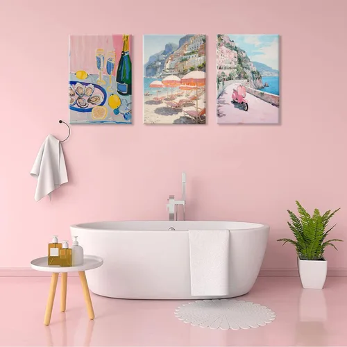Vista 7 de HNNXAR Amalfi Coast - Lienzo decorativo para pared, pintura italiana de playa, pintura artística italiana, fruta, champán, juego de 3, decoración