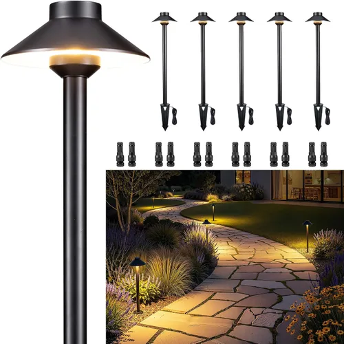 Vista 13 de Gardenreet Luces de camino de latón para exteriores, iluminación de camino de paisaje de bajo voltaje con cable, luz LED de pasarela de 12 V