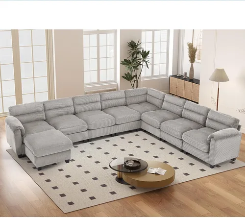 Vista 38 de HAOMARKETS Sofá esquinero modular en forma de L de 115 pulgadas con 2 otomanas móviles, sofás de pana de 8 plazas con cojín grueso para sala de Beige