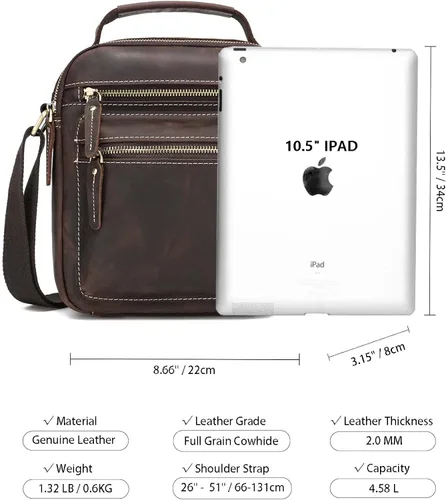 Vista 3 de Taertii Bolso bandolera de cuero pequeño para hombre, bolso cruzado para viajes, negocios, senderismo, uso diario, Marrón