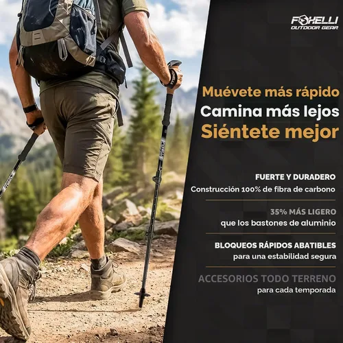Vista 2 de Foxelli Bastones de senderismo de fibra de carbono – Bastones de senderismo ligeros plegables con empuñaduras de corcho, cerraduras de giro rápido