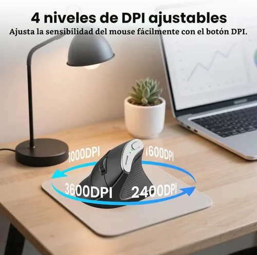 Vista 5 de Ratón óptico ergonómico vertical inalámbrico 2.4G Bluetooth Ratón vertical inalámbrico 4 ajustable 1000/1600/2400/3200 DPI Ratón inalámbrico Negro