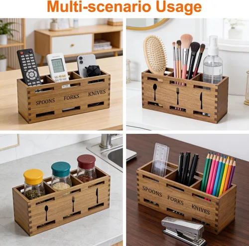 Vista 6 de Organizador de cubiertos de madera de granja, soporte para cubiertos de madera de acacia, para encimera de cocina, organizador de cubiertos, cuchara