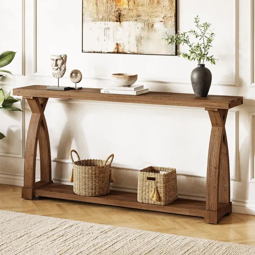 Vista 10 de Mesa consola de madera maciza para entrada, mesa estrecha de 63 pulgadas para sofá con almacenamiento de 2 niveles para entrada, vestíbulo, sala