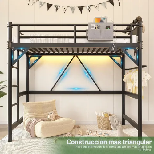 Vista 6 de Cama tipo loft tamaño Twin con luces LED y estación de carga, marco de cama loft de metal industrial de servicio pesado con escalera y barandilla