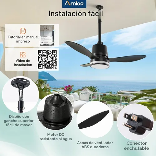 Vista 5 de Amico Ventiladores de techo para exteriores de 36 pulgadas con luces para patios, ventilador de glorieta impermeable IP65, control remoto, 3CCT, 6