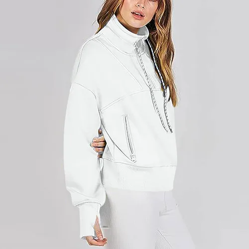 Vista 7 de Women's Quarter Zip Up Lapel Sweatshirt Trendy Cropped Drawstring Sweatshirt with Thumb Hole Loose Long Sleeve Workout Tops