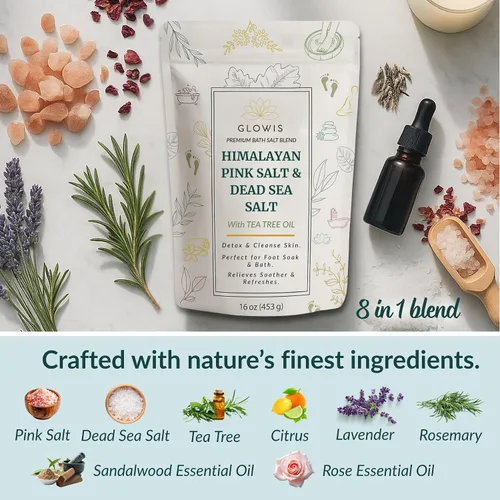 Vista 2 de Glowis - Aceite de árbol de té para pies con sal del Himalaya y del Mar Muerto, remojo de pies de sal de pedicura para decoloración de uñas, callos