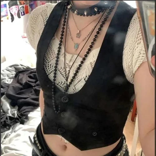 Vista 2 de Chaleco con botones para mujer, corsé corto con espalda cruzada, estilo punk, grunge, ropa de calle