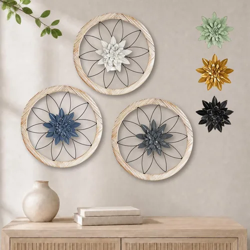 Vista 8 de Paquesta Decoración de Pared de Granja Redonda de 3 Piezas con 6 Flores Intercambiables de 12'' Medallón de Madera y Metal Arte de Pared Rústico