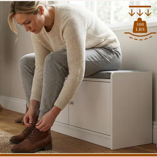 Vista 9 de ECACAD Banco de almacenamiento de zapatos de 2 niveles con asiento acolchado, 2 puertas y 4 compartimentos de almacenamiento, banco de madera