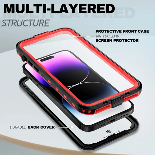 Vista 5 de BEASTEK Funda impermeable para iPhone 14 Pro, TRE Series MagSafe a prueba de golpes a prueba de polvo IP68 con protector de pantalla integrado y Rojo