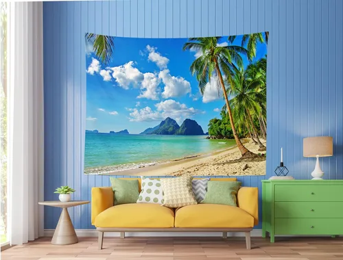 Vista 4 de Loccor Tapiz de playa tropical, isla costera, palmeras, olas, tapiz de pared de verano, paraíso hawaiano, paisaje para colgar en la pared, hippie