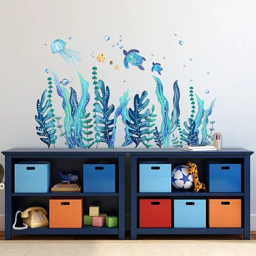 Vista 2 de Tenare 5 hojas de calcomanías de pared de tortuga marina oceánica, calcomanías de bajo el mar, algas, hierba, medusas, peces, calcomanías de vinilo