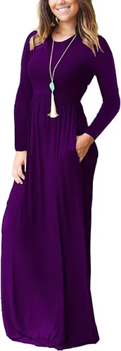 Vista 2 de Vestido de manga larga para mujer, holgado, liso, largo, estilo informal, con bolsillos.