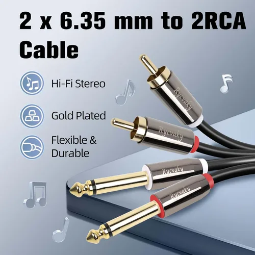 Vista 2 de Cable RCA a 1/4, cables TS duales de 1/4 pulgadas a RCA duales, 2 cables macho mono TS a 2 RCA macho, cable de interconexión de audio estéreo