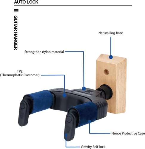 Vista 6 de Soporte de pared para gancho de guitarra, bloqueo automático, gancho de gravedad giratorio 45 grados con tela de felpa suave y base de madera