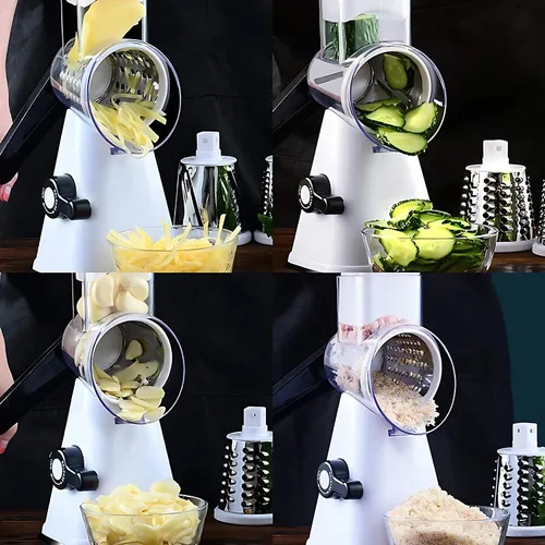 Vista 5 de Rallador rotativo de queso, rebanador de verduras de mandolina de cocina con 3 cuchillas intercambiables, fácil de limpiar rallador giratorio
