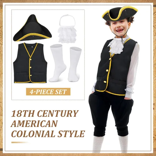 Vista 3 de Ramede Conjunto de disfraz colonial para niños y niños, disfraz de guerra revolucionaria, chaleco de tricornio, gorro de tricornio, calcetines