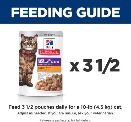 Vista 9 de Hill's Science Diet Alimento húmedo para gatos con estómago y piel sensible para adultos, pollo y carne de res, bolsas de 2.8 onzas, paquete de 24