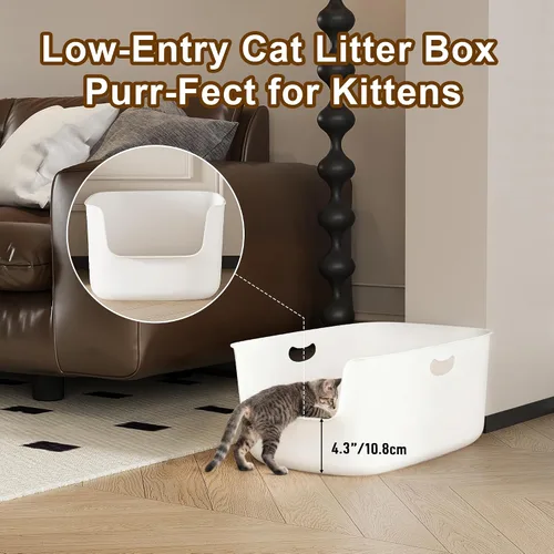 Vista 4 de Caja de arena blanca de plástico de alta cara para gatos de entrada baja, 22.8 x 15 x 8.66 pulgadas con protector contra salpicaduras, interior liso