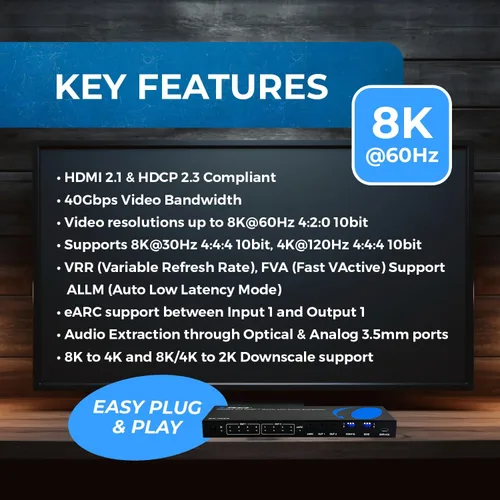 Vista 8 de OREI 8K eARC HDMI Matrix Switch 4 X 2, conmutador con extractor de audio UltraHD que soporta hasta 4K @ 120Hz IR EDID HDCP 2.3 - Control remoto