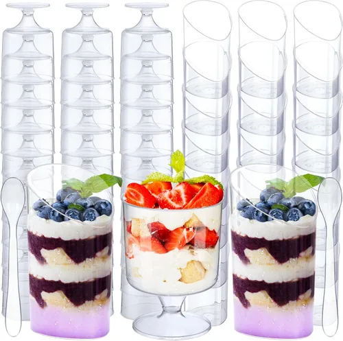 Vista 13 de Paquete de 100 mini tazas de postre con cucharas, pequeñas de plástico transparente de 3 onzas, inclinadas y redondas, vasos desechables tipo