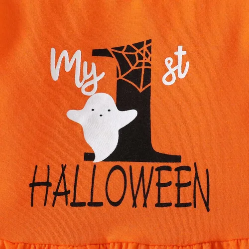 Vista 5 de Noubeau My 1st Halloween Baby Girl Outfits Ruffle Pumpkin Print Túnica Drees Camisa Pantalones Rayas Legging Otoño Invierno Ropa