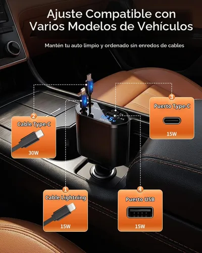 Vista 4 de BERTHALESS Cargador de coche retráctil para papá, carga rápida 4 en 1 con USB-C y USB-A, compatible con iPhone 17/16/15/14/13/12/11, Galaxy, Pixel