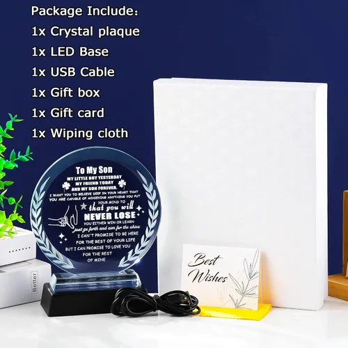 Vista 6 de Regalos para hijo de mamá, papá a mi hijo, regalos de placa de cristal con base colorida, regalos de cristal significativos para adultos, hijo