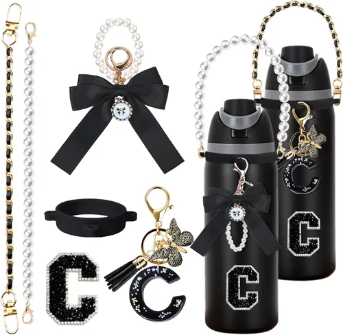 Vista 38 de 6 piezas de accesorios con letras para botella de agua Owala 24 oz 32 oz 40 oz, con lindos dijes iniciales y correa para el asa, compatible