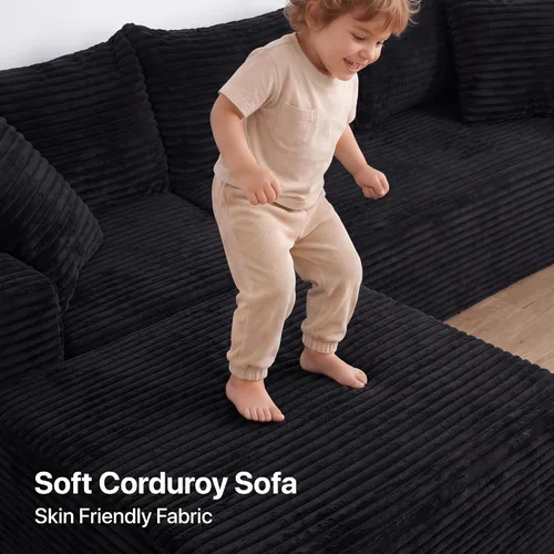 Vista 5 de Claiks Sofá modular de pana de 104 pulgadas sin hueso, asiento profundo de sofá modular de pana, no requiere montaje, color negro